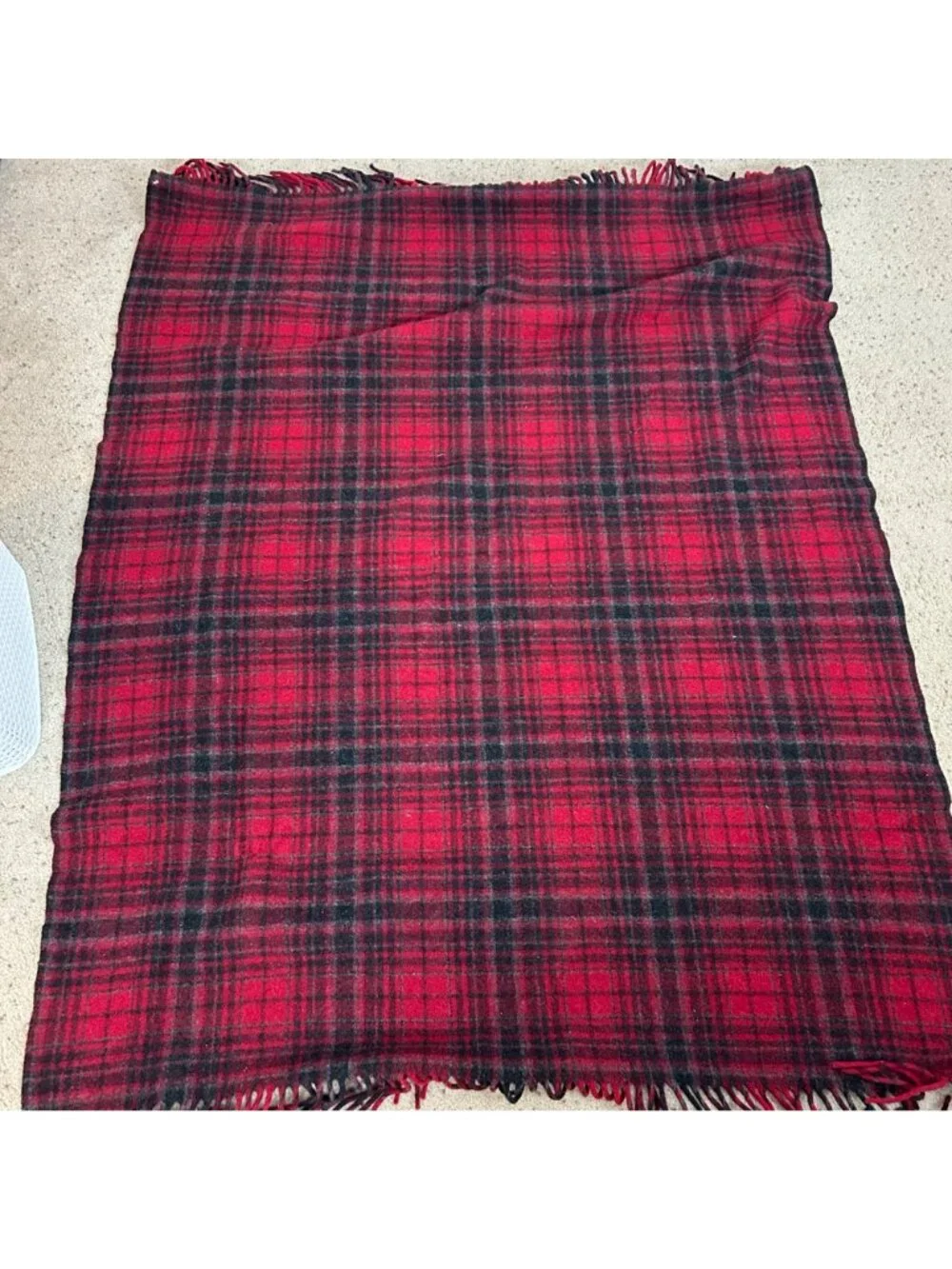 Vintage Pendleton 100% Virgin Wool Fringe Throw Blanket Red Plaid